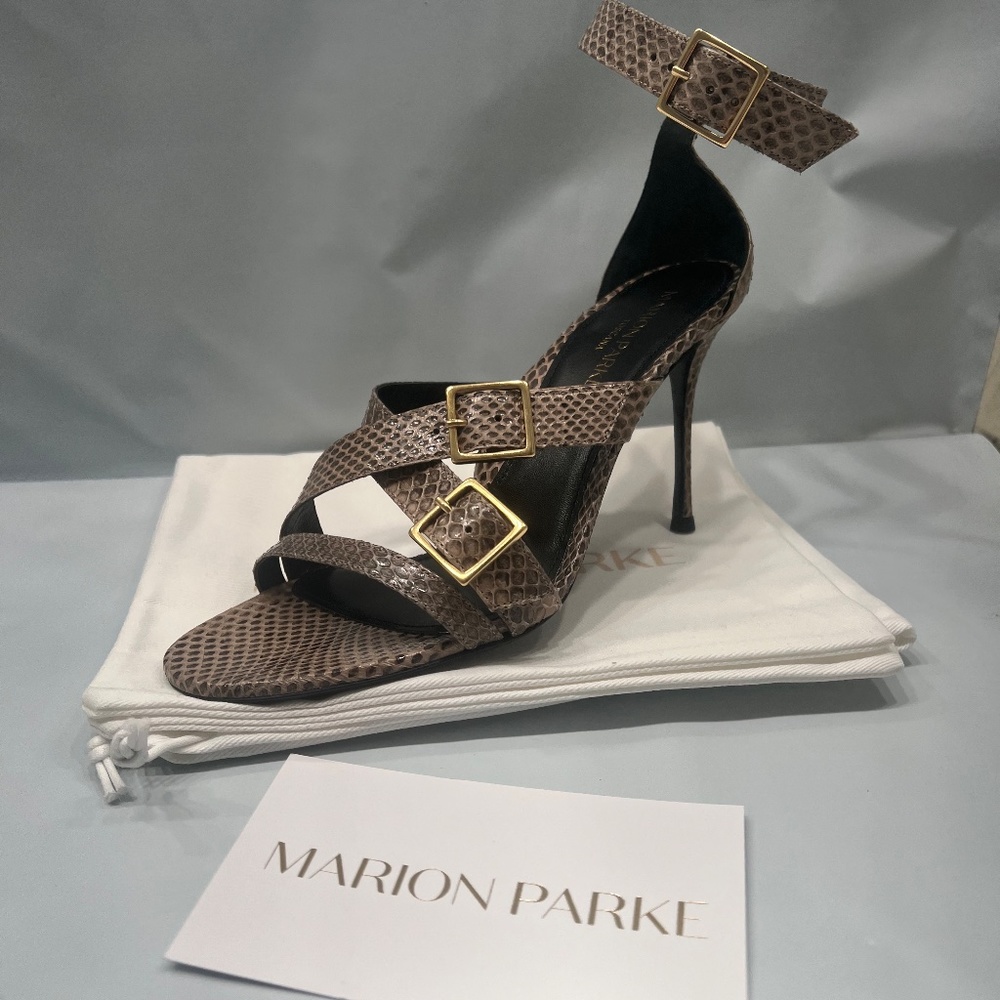 Lizzo Snakeskin Strappy High Heel Sandal in Taupe